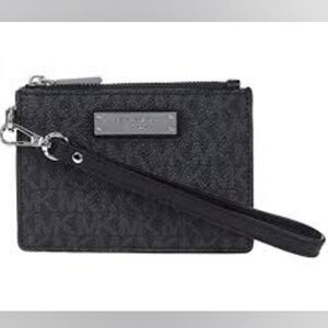 Michael Kors Jet Set Black Leather Logo Plaque Wristlet/Coin Purse